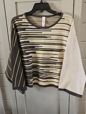 Striped Boxy Knit Sweatshirt - Lime & Dark Khaki And Cream. Oversized
